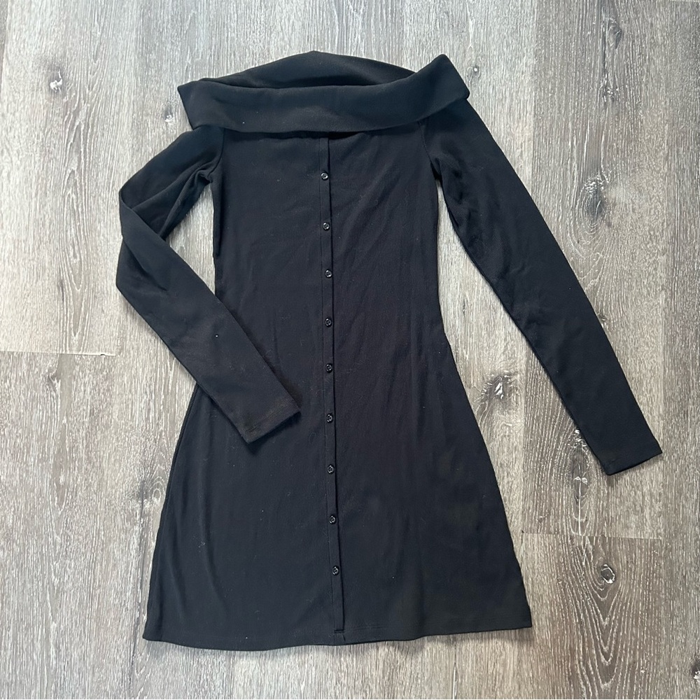 NWT XS Wild Fable Black Long Sleeve Off The Shoulder Ribbed Button Down Dress